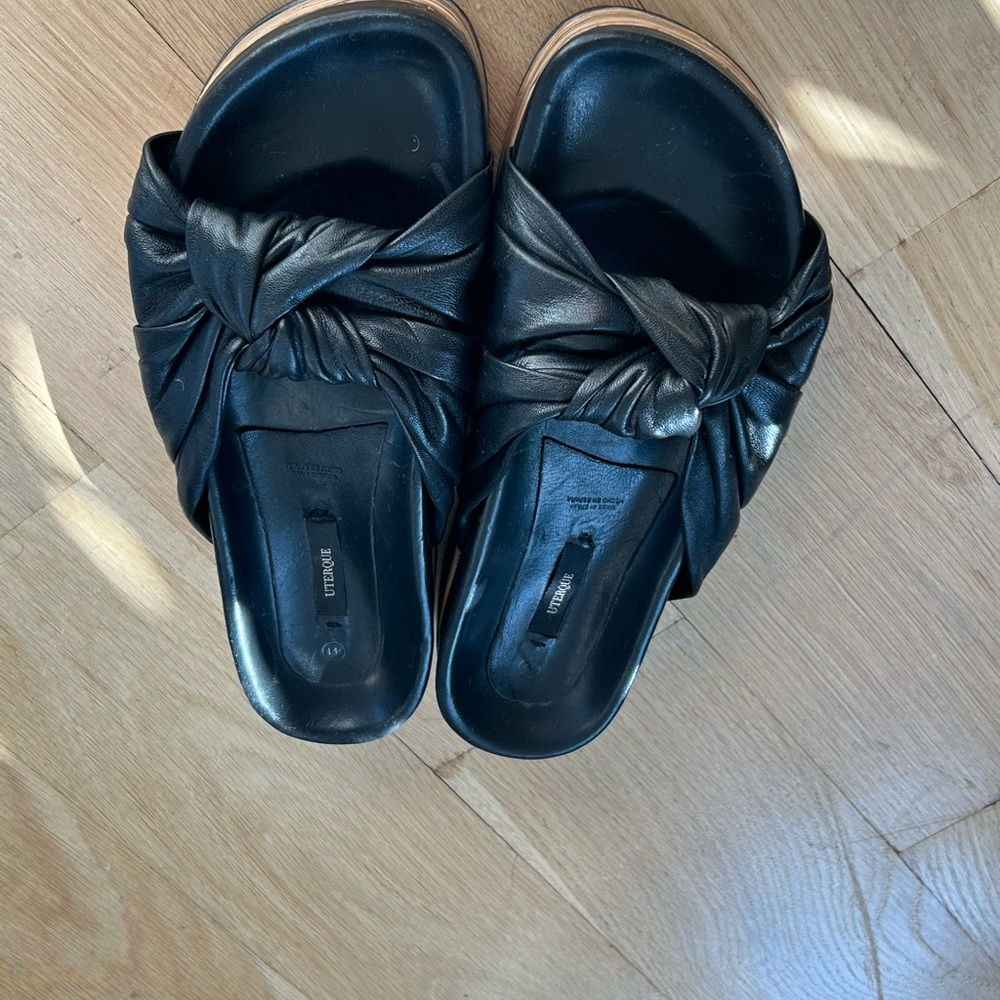 UTERQUE Top Knot Black Leather Slides Size EUR 41 US 10